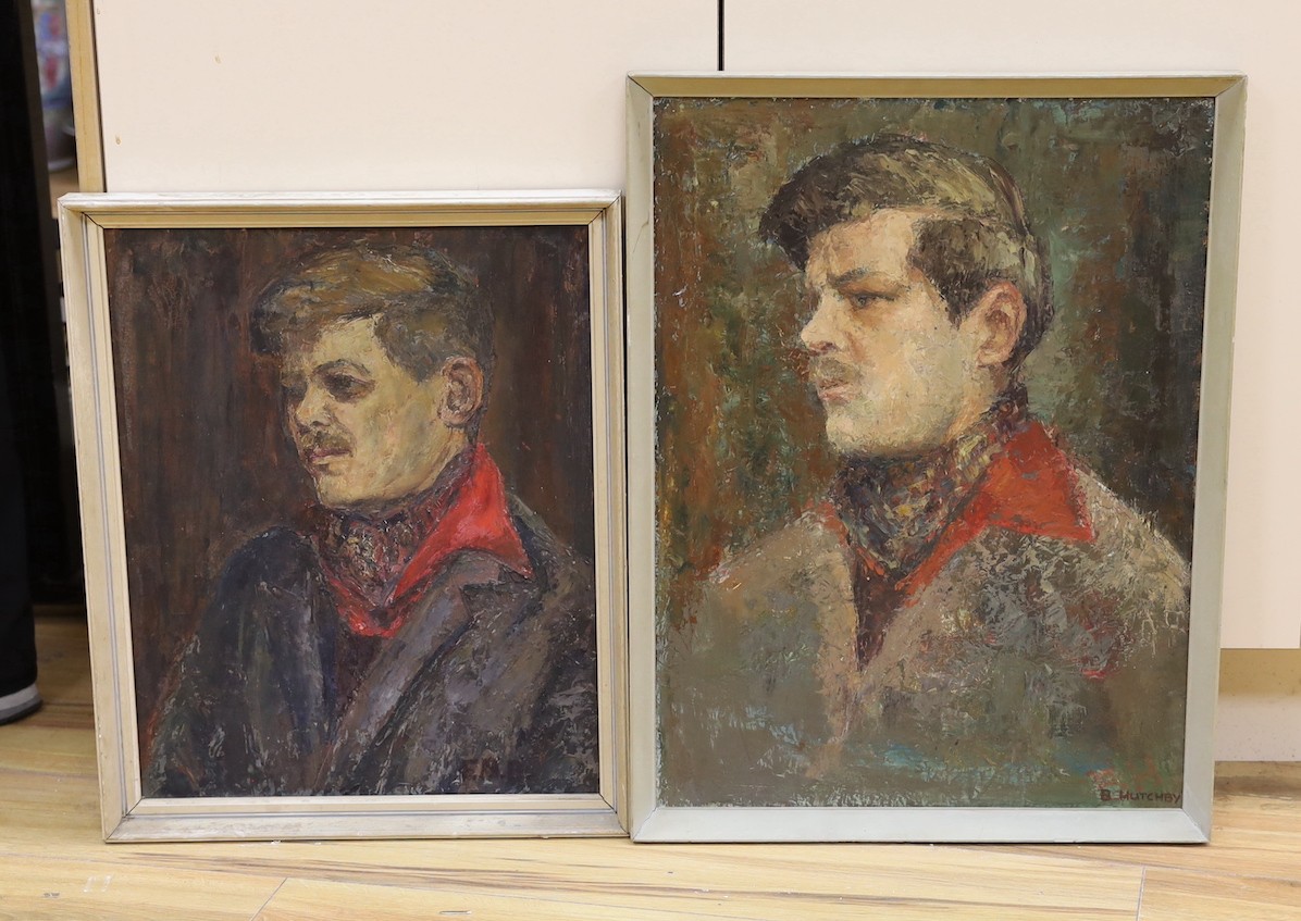 Barbara Hutchby (20th C.), two oils on board, Portraits of gentlemen, signed, largest 60 x 45cm